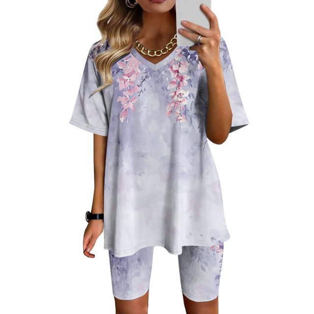 Blouses pour Femmes, Ensembles de Blouses Décontractées à Manches Courtes Imprimées et Col en V pour Femmes