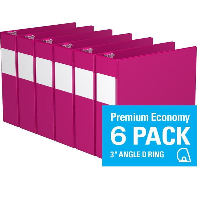 Davis Group, Premium Economy, D Ring, Binder, 6 Pack, 3" showing six magenta binders with white full-width label holders on the spine and 3-inch angle D rings, ideal for organizing documents in offices, schools, or conferences.