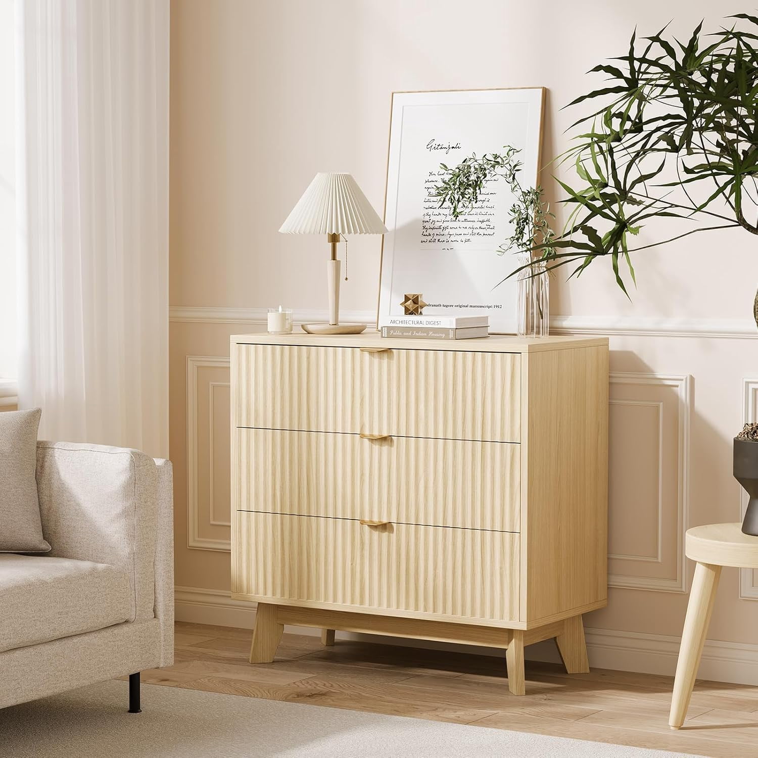 Fluted Dresser for Bedroom with 3 Drawer, Mid Century Modern Chest of Drawers, Large Boho Drawers Dresser with Deep Drawers, Wooden Dressers Organizer Storage TV Stand with for Bedroom, Natural