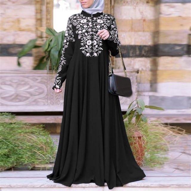LOVZFMLL Robe Mode Femme Musulmane Robe Islamique en Dentelle à Coutures à Manches Longues Robe Maxi Noire 5TG
