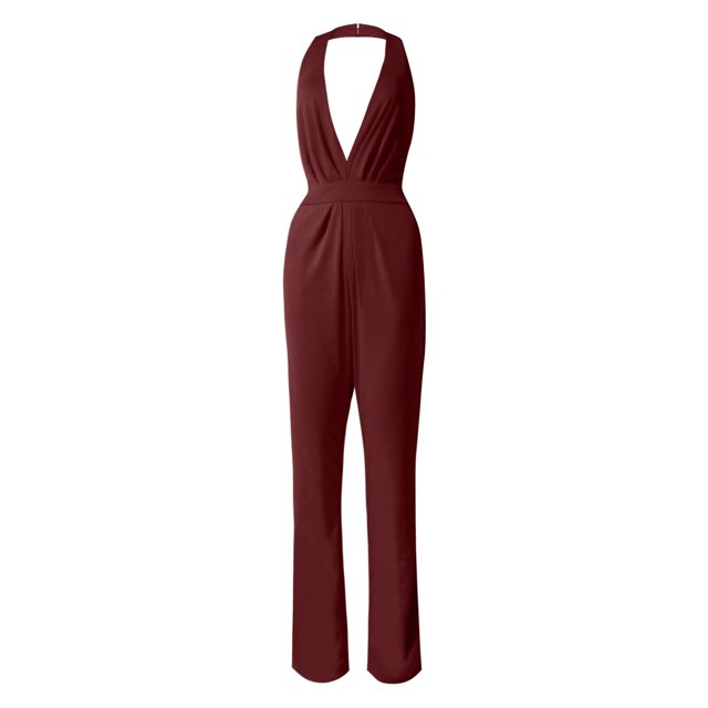 AWXNJUX Combinaisons pour Femmes Couleur Unie Combinaison Pantalon Droit Design Simple et Exquis (Rouge Vin,S)