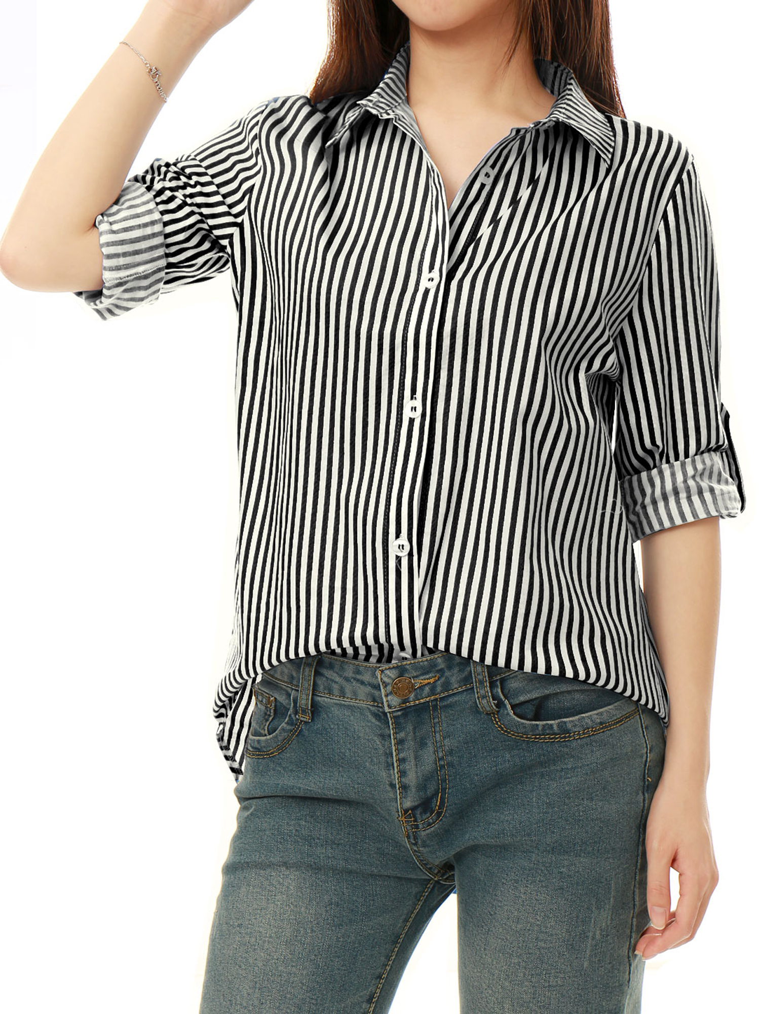 INSPIRE CHIC Chemises à Col à Revers pour Femmes, Boutonnées, Manches Longues Retroussables, P Noir