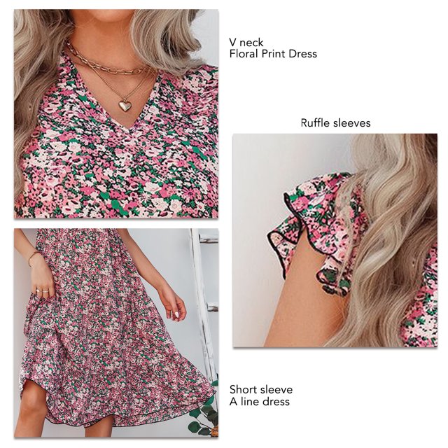 Robe Mini à Volants Imprimé Floral d'Été pour Femmes Manches Cloche Taille Élastique Décontractée Ligne A Robe de Plage