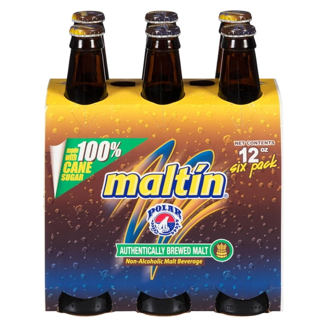 Polar Malt Boisson Maltée Non Alcoolisée, Lot de six, avec six Bouteilles en Verre Brun de 355 ml, sur un Support en Carton Dégradé Jaune à Bleu avec Motif de Gouttes de Malt, Malt Étiqueté Authentique Préparé avec 100 % de Sucre de Canne, une Boisson Maltée Sucrée Non Alcoolisée Convenant comme Rafraîchissement à Tout Moment.
