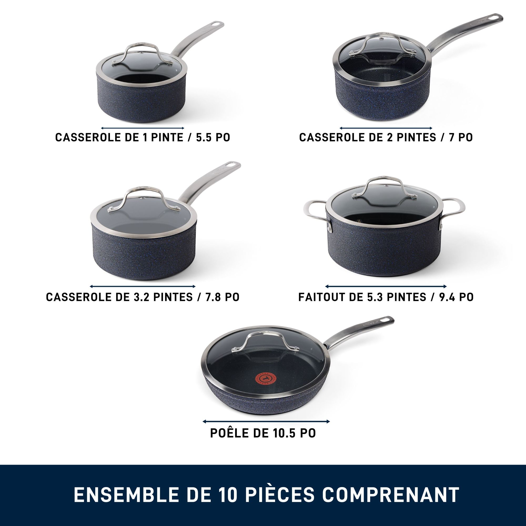 Ensemble T-fal Stone Shield de 10 pièces avec technologie DefenseShield™, fabrication en 6 couches, texture pierre robuste, à l’épreuve du lave-vaisselle et du four