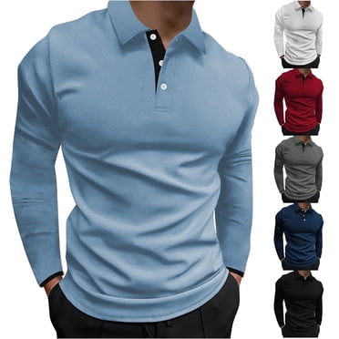 VBTAPA Long Sleeve Polos for Men Contrast Collar Golf Shirt Business Casual Collared T-shirt Solid Lapel Tops Lightning Sales of The Day Sky Blue L