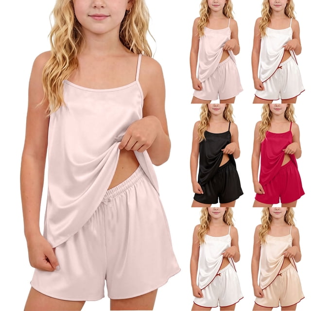 Tranfacy Vêtements d'Été pour Filles Couleur Unie Col Rond Sans Manches Haut Mode avec Short Tenue d'Intérieur Décontractée Ensemble 2 Pcs