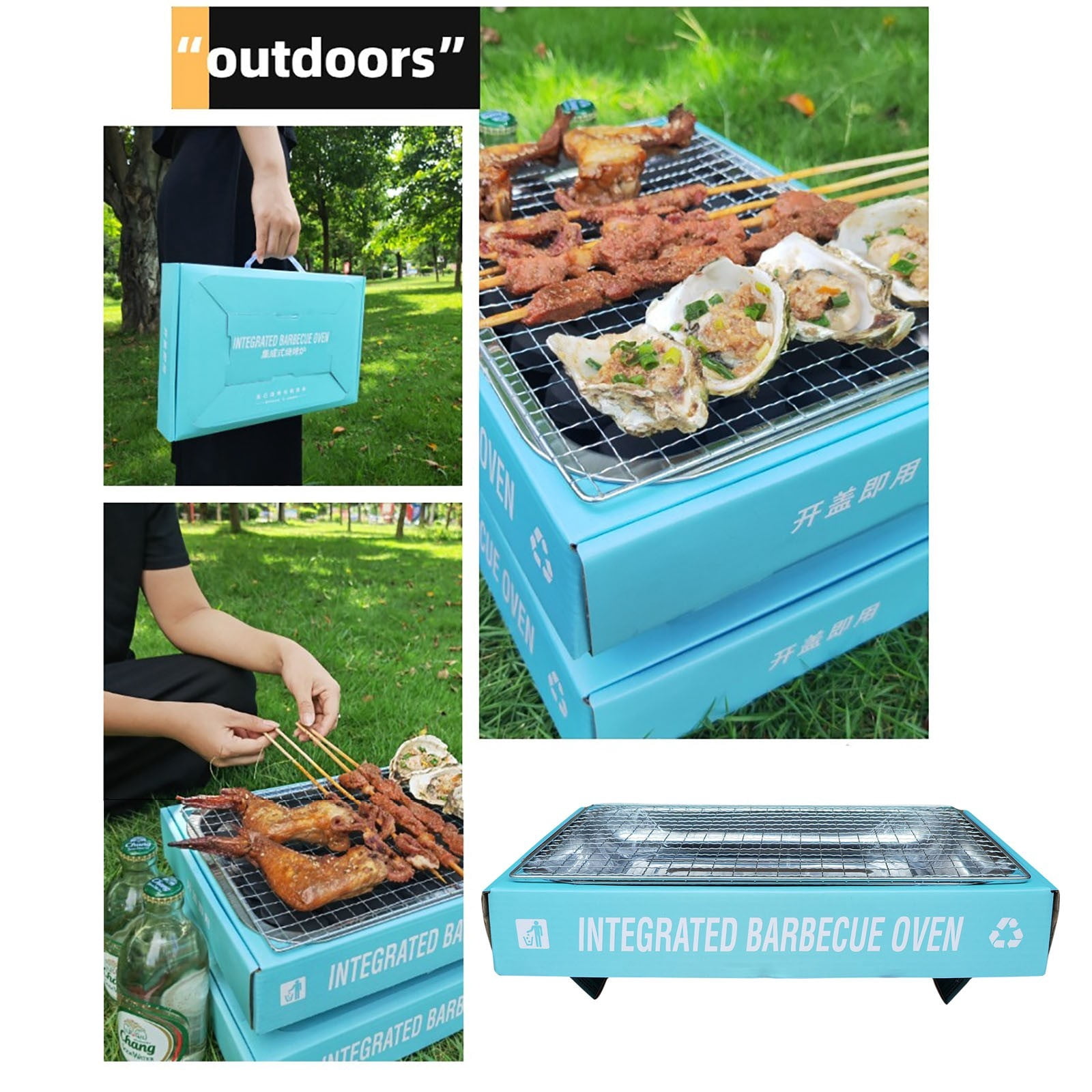 Vacemry Outdoor Camping Disposable Barbecue Grill, Portable Charcoal Grill for Picnic Backyard Beach Party, Small Grill with Skewers for Meat Fish Vegetables, Indoor Outdoor BBQ Tools for Family