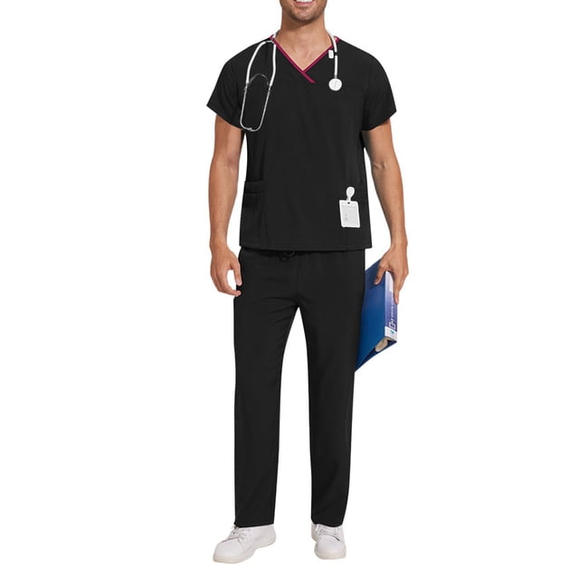 TIMIFIS Scrub for Men Set Medicals Uniform Scrub Top and Pants Solid Color Four Season Comfort Fits Scrub Set with Pockets - Spring/Summer