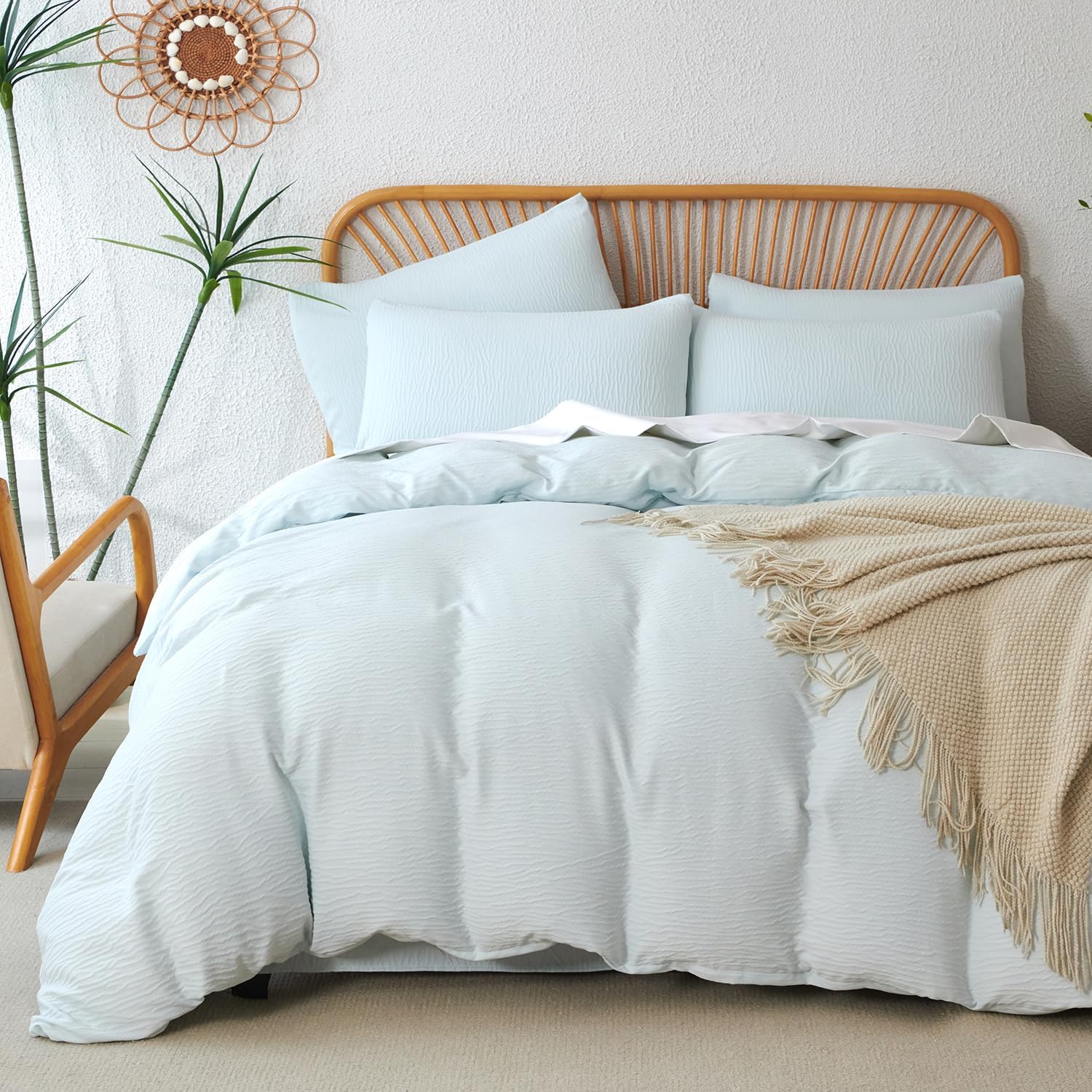 Queen Duvet Cover Light Blue, Luxury Brushed Microfiber Double-Layer Crinkle Gauze Pale Blue Duvet Cover, 3 Pieces Bedding for All-Season, Soft Breathable with Zipper Closure (No Comforter)