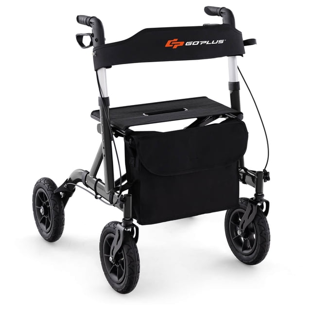 Goplus Déambulateur à Roulettes Pliable à Hauteur Réglable avec Siège, Sac de Rangement pour Aînés Noir