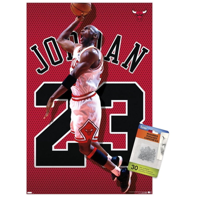 Michael Jordan - Jersey Wall Poster, 22.375" x 34" framed, depicting a basketball player in a white Chicago Bulls jersey number 23 jumping with a basketball against a red perforated background with large black number 23 and the name Jordan above, including the Chicago Bulls logo, perfect for wall art and home décor.