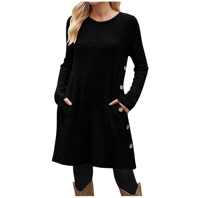 SHTXOZHI Robe Chandail en Tricot à Manches Longues et Col Ras du Cou Décontractée d'Automne et d'Hiver pour Femmes avec Poches