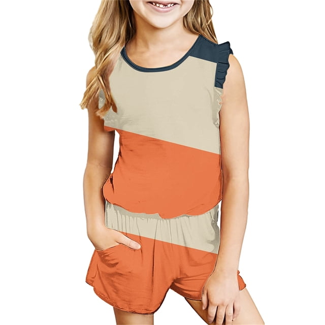 Tranfacy Ensembles d'Été pour Filles, Ensembles d'Été pour Filles, Débardeurs Sans Manches à Col Rond à Agencement de Couleurs pour Filles de 3 à 14 Ans et Shorts, Ensembles d'Été