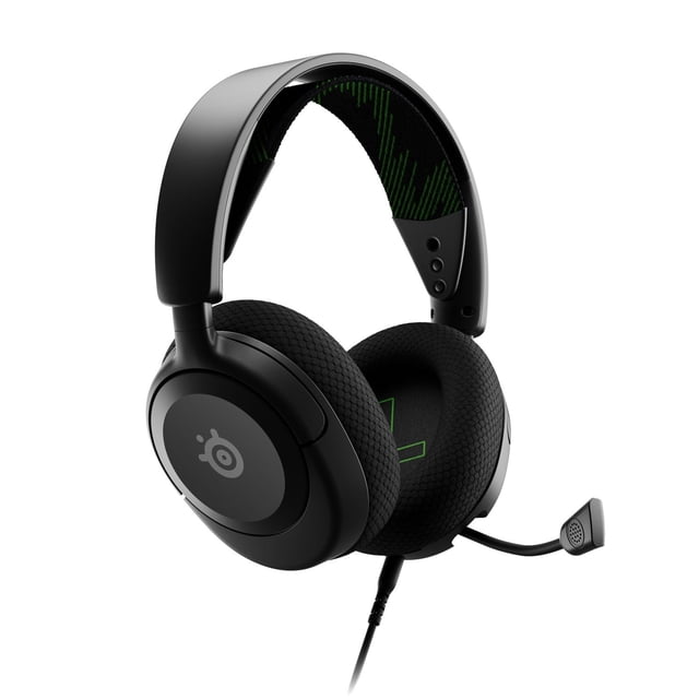 SteelSeries Arctis Nova 1 Gaming Headset with black over-ear mesh cushions, adjustable padded headband with green accents, retractable noise-cancelling microphone, and wired 3.5mm connection for PC, Xbox, PlayStation, Switch, mobile, and Mac gaming, suitable for immersive audio and clear team communication.