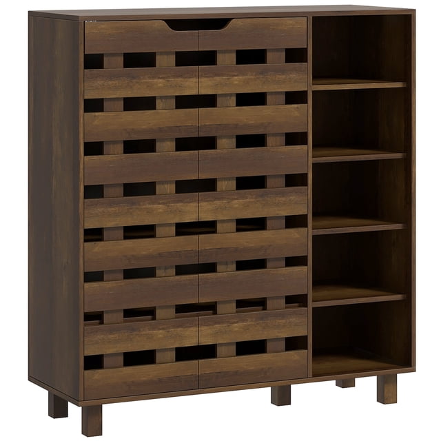 HOMCOM Shoe Storage Cabinet with 5-tier Cupboard and 5 Open Shelves brown particleboard entryway cabinet, centered front-facing view of left five-tier cupboard with hollowed-out doors and removable three-level shelves plus five open side shelves; elevated 3.25" (8 cm) feet, top surface staged with keys and a photo frame, holds roughly 21 pairs of shoes, includes anti-tipping kit, suitable as a hallway organizer for small items.