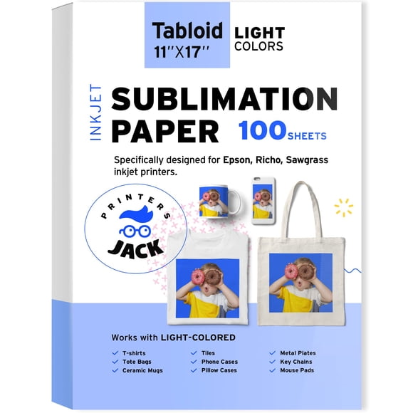 Printers Jack Papier de Sublimation 100 Feuilles 11 Pouces x 17 Pouces 120 G/m2 pour Toute Imprimante à Jet d'Encre Epson SciHerbe avec Encre de Sublimation pour T-shirt, Céramique, Tapis de Souris, Serviette, Bricolage Cadeaux Uniques