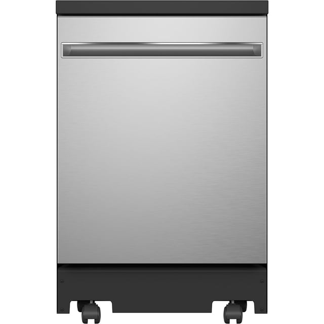 GE 24" Stainless Steel Interior Portable Dishwasher Stainless Steel - GPT225SSLSS. A front-facing view of a portable dishwasher with a stainless steel finish, integrated electronic controls, and a black base with caster wheels for mobility. Features include a 54 dBA noise level, Energy Star certification, a Piranha hard food disposer, and a sanitize cycle certified by NSF. The dishwasher has a nylon rack, a clean sensor, and a lower-level wash arm. Ideal for compact spaces and efficient cleaning.