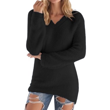 BLVB Women's Fuzzy Fleece Tops Long Sleeve V Neck Sweater Casual Plain Soft Warm Pullover Fall Winter Clothes