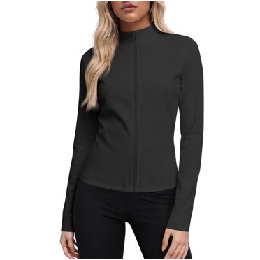 Women's Zip Up Athletic Jacket with Thumbholes, Long Sleeve Sun Protection Top, Fitted Moisture Wicking Workout Jacket for Yoga, Running, Gym & Casual Spring Layering