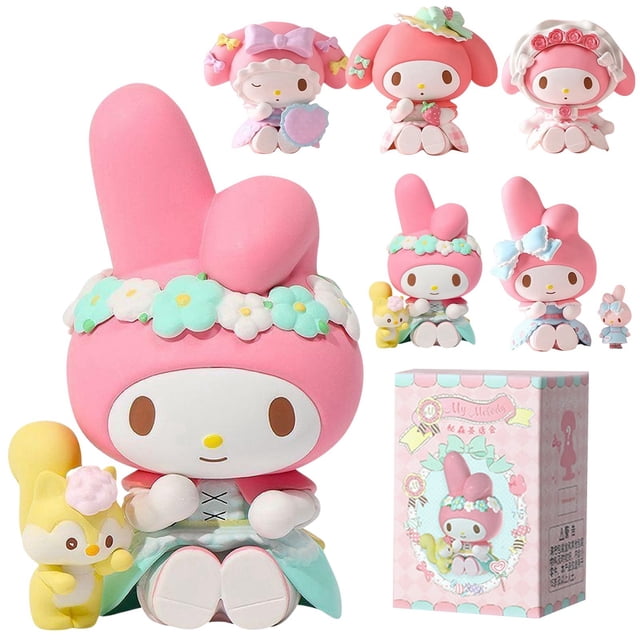 Sanrio Series Blind Box Figures Mymelody Anime Characters Mystery Box Toy Ornaments Gift. The image displays a collection of My Melody figurines, each with distinct pastel-themed designs, such as floral crowns and decorative outfits. The central figure features My Melody in a pink and green outfit with a flower crown and a yellow animal companion. The decorative packaging box is also included, showcasing My Melody illustrations.