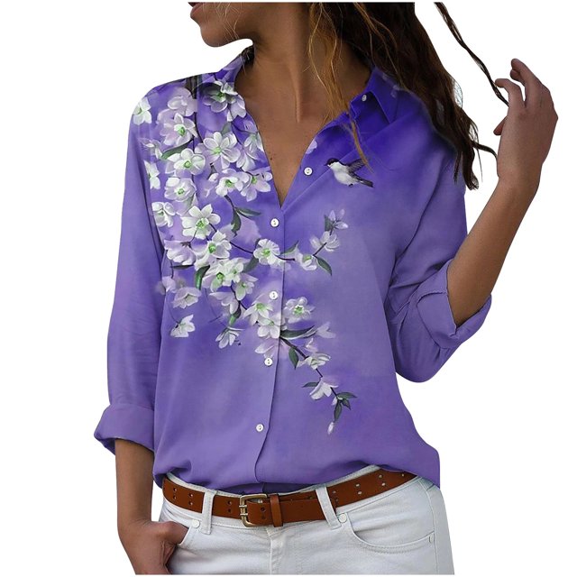 PEZHADA Liquidation d'Économies d'Automne Chemisiers à Manches Longues pour Femmes Imprimé Floral Col en V Col Rabattu Cardigan à Boutons Hauts Violet