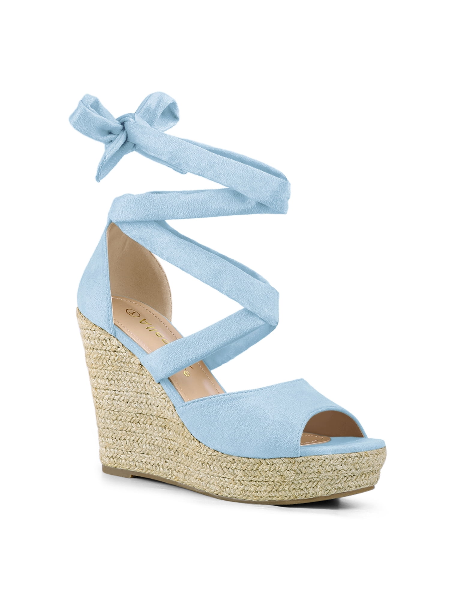 BLISSFUL STEP Chaussures pour Femmes Espadrilles à Lacets Sandales Compensées à Plateforme Bleu Ciel 8,5