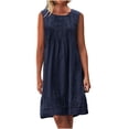 thumbnail image 2 of Ovzne Robes pour Femmes Robe de Plage Robe pour Femme à Col Rond Sans Manches Plissée Couleur Unie en Lin Robe Ample Robe d'Été Liquidation, 2 of 7