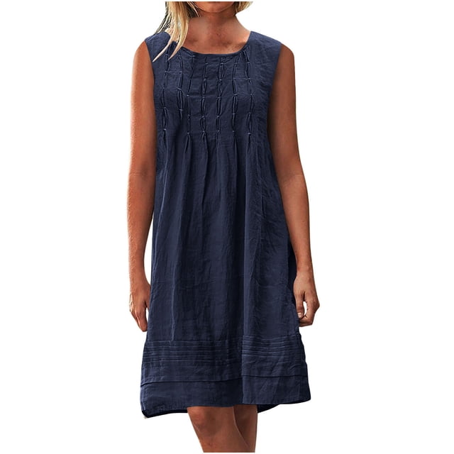 yoeyez Maxi Robe d'Été en Lin pour Femmes, Robe d'Été Plissée à Manches Cap, Grande Taille pour Dames, Col Rond, Mini-Robe Décontractée Froncée, Coupe Ample, Ligne A, Robes de Plage Bleu Marine, 4TG