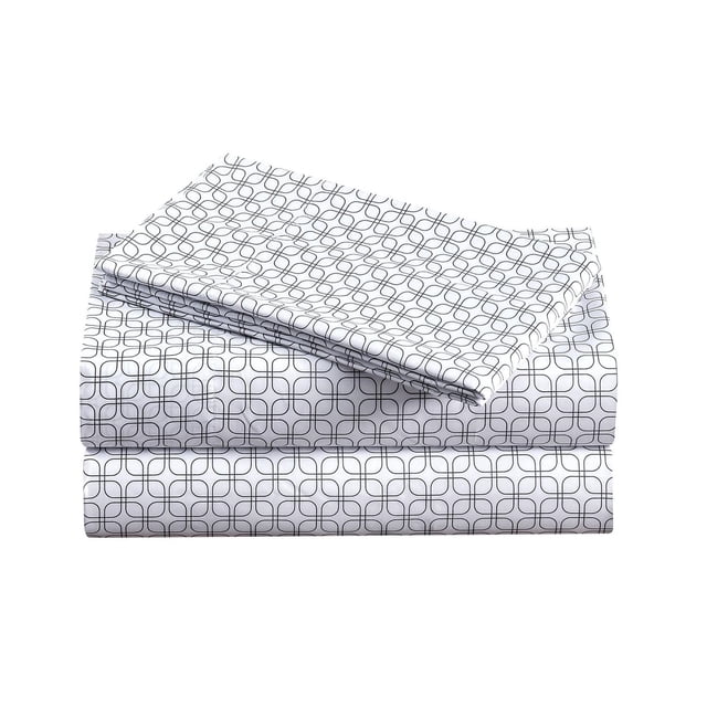 Mainstays Super Soft, Easy Care, Brushed Microfiber Sheet Set in white with black geometric loop pattern, folded to show flat sheet, fitted sheet with elastic all around for mattresses up to 14 inches deep, and pillowcases, made of wrinkle-resistant microfiber fabric suitable for easy care and durability.