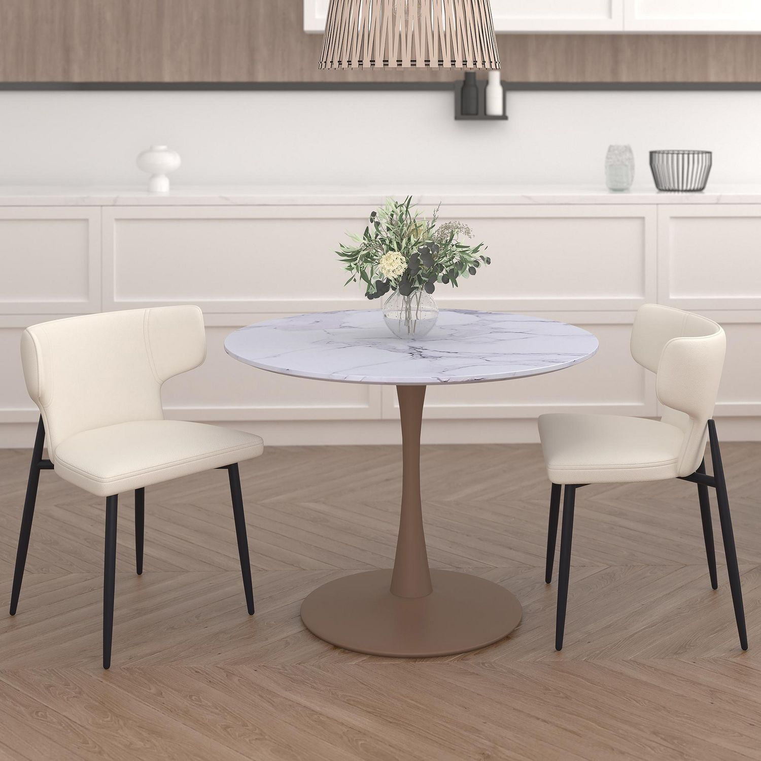 Chaise contemporaine de salle à manger en similicuir et en métal, ensemble de 2 – beige et noir