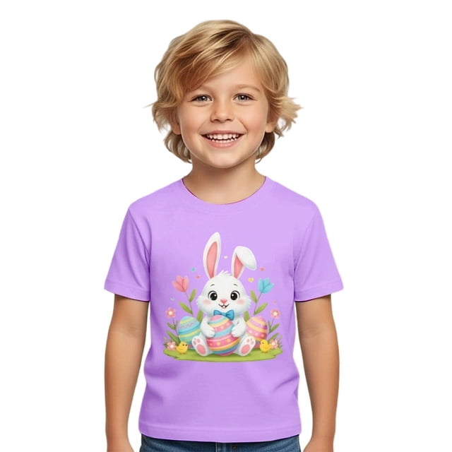 MIASHUI T-Shirts Graphiques de Pâques pour Garçons Manches Courtes Décontractées Douces Hauts Colorés pour Enfants Violet, 1-2 Ans