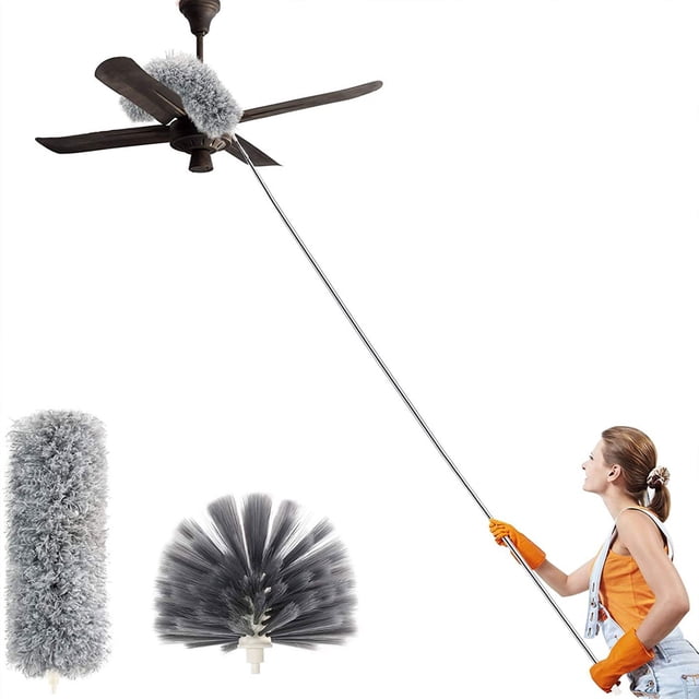 Dvkptbk Dust brush Duster with Extension Pole(Stainless Steel), 100 In Extra Long Microfiber & Domed Cobwebs Double Replacement Heads Extendable Dusters