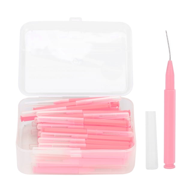 60 Piece Set of Interdental Cleaning Brushes by Fyydes, featuring pink plastic handles and stainless steel wire brushes. The set includes a clear storage case and individual protective covers for each brush. Designed for cleaning interdental spaces, braces, and hard-to-reach areas, suitable for periodontal care and orthodontic maintenance.