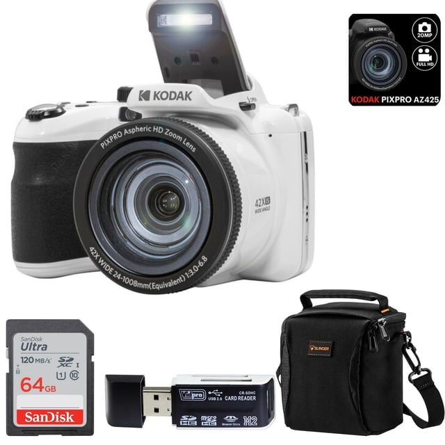 Kodak PIXPRO AZ425 Astro Zoom 20MP Full HD Digital Camera in white with a 42x optical zoom lens, pop-up flash, and 24mm wide-angle lens, bundled with a SanDisk 64GB memory card, a black camera bag, a USB card reader, and a custom cleaning cloth. This point-and-shoot camera features a 3-inch LCD screen, full HD video recording, and panorama capture for versatile photography.