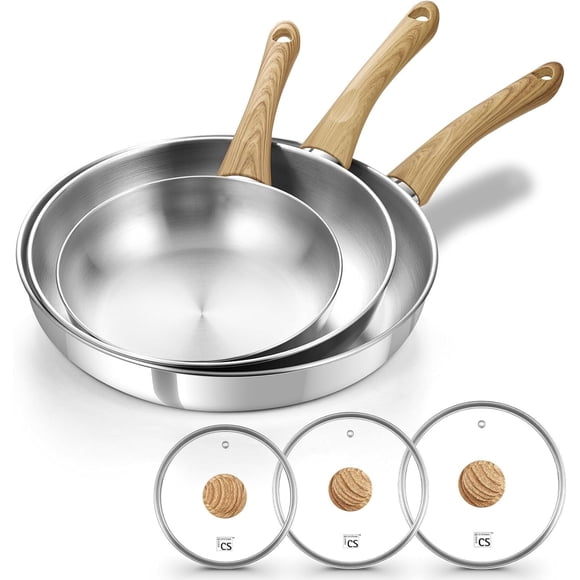 Koch Systeme CS Stainless Steel Frying Pan Set - 8, 10 & 12 inch, Skillet Set with Lids, Induction Compatible, Oven & Dishwasher Safe