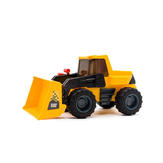 Power Haulers™ 2.0 Wheel Loader toy vehicle in yellow with black loader arms and large rugged wheels, featuring a front bucket with CAT logo and tinted cabin, designed for interactive play with lights and sounds, suitable for indoor and outdoor use.