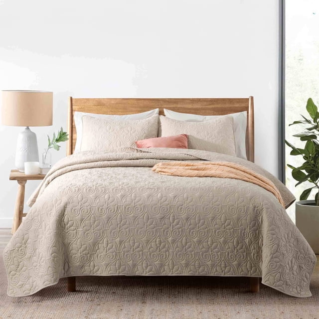Peace Nest Premium Damask Pattern Reversible Coverlet Set 100% Soft Microfiber Fabric, Khaki, Twin Size
