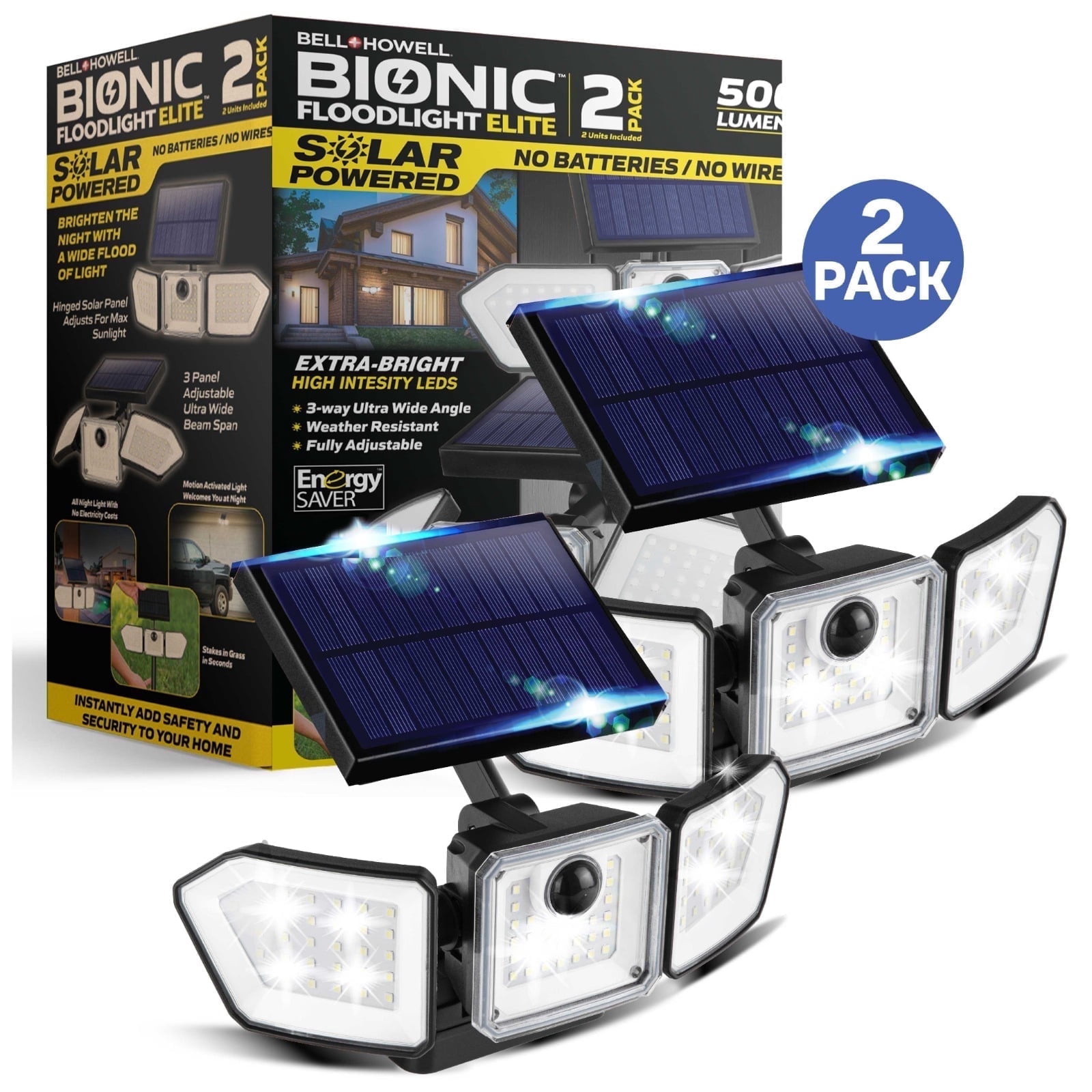 Bell+Howell Solar Lights for Outside, Solar Powered Outdoor Lights, Flood Lights 2-Pack Motion Sensor Waterproof LED for Patio Porch Yard
