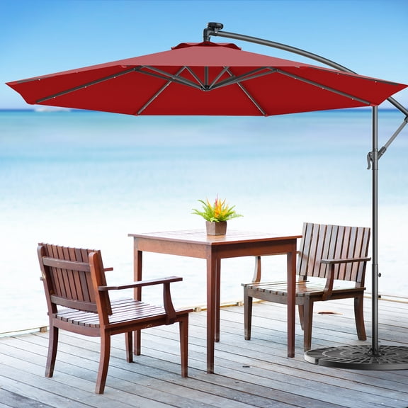 Costway 10' Hanging Solar LED Umbrella Patio Sun Shade Offset Market W/ Base Burgundy
