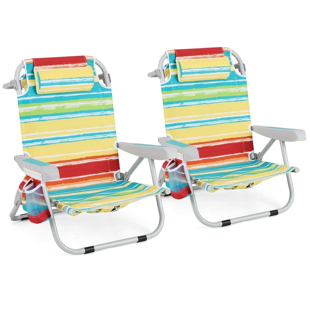 Goplus 2 Pcs Chaise de Plage Pliante Chaise de Camping Légère en Aluminium avec Sac de Rangement au design Multicolore. les Chaises Présentent un Motif à Rayures dans des Nuances Vibrantes de Jaune, Vert, Bleu et Rouge. Chaque Chaise Comprend un Appui-Tête Rembourré, des Accoudoirs Courbés et un Dossier Réglable à 5 Positions pour un Confort Personnalisé. Fabriquée avec un Tissu oxford 600D durable et un Cadre en Aluminium Robuste, Ces Chaises Supportent jusqu'à 330 Lb Chacune. les Caractéristiques Supplémentaires Incluent un Sac de Rangement pour le Dos, une Poche Latérale et un Barre à Serviettes pour Plus