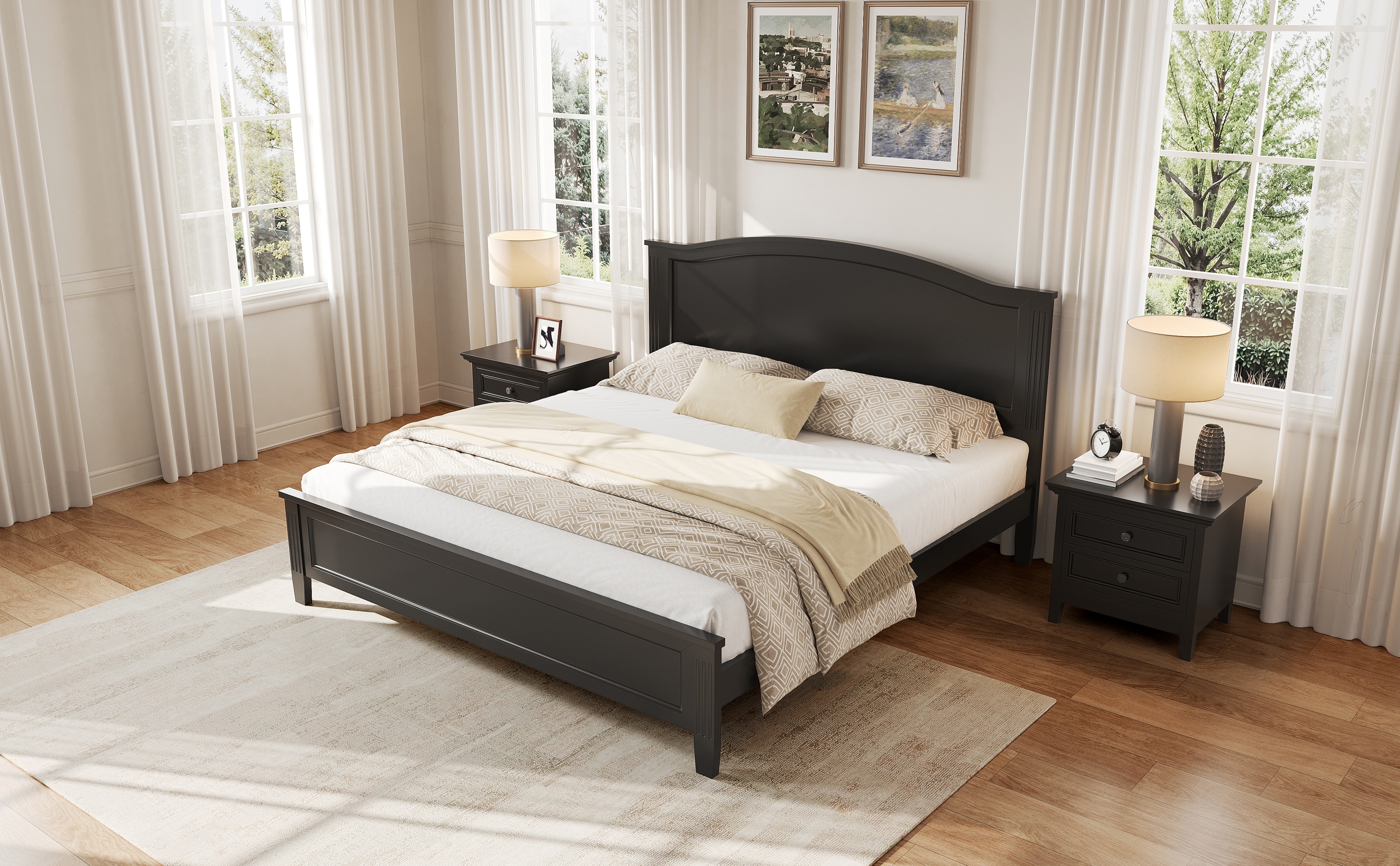 Noble House Full Platform Bed with Headboard,Wooden Slat Support Legs,No Box Spring Needed,Black