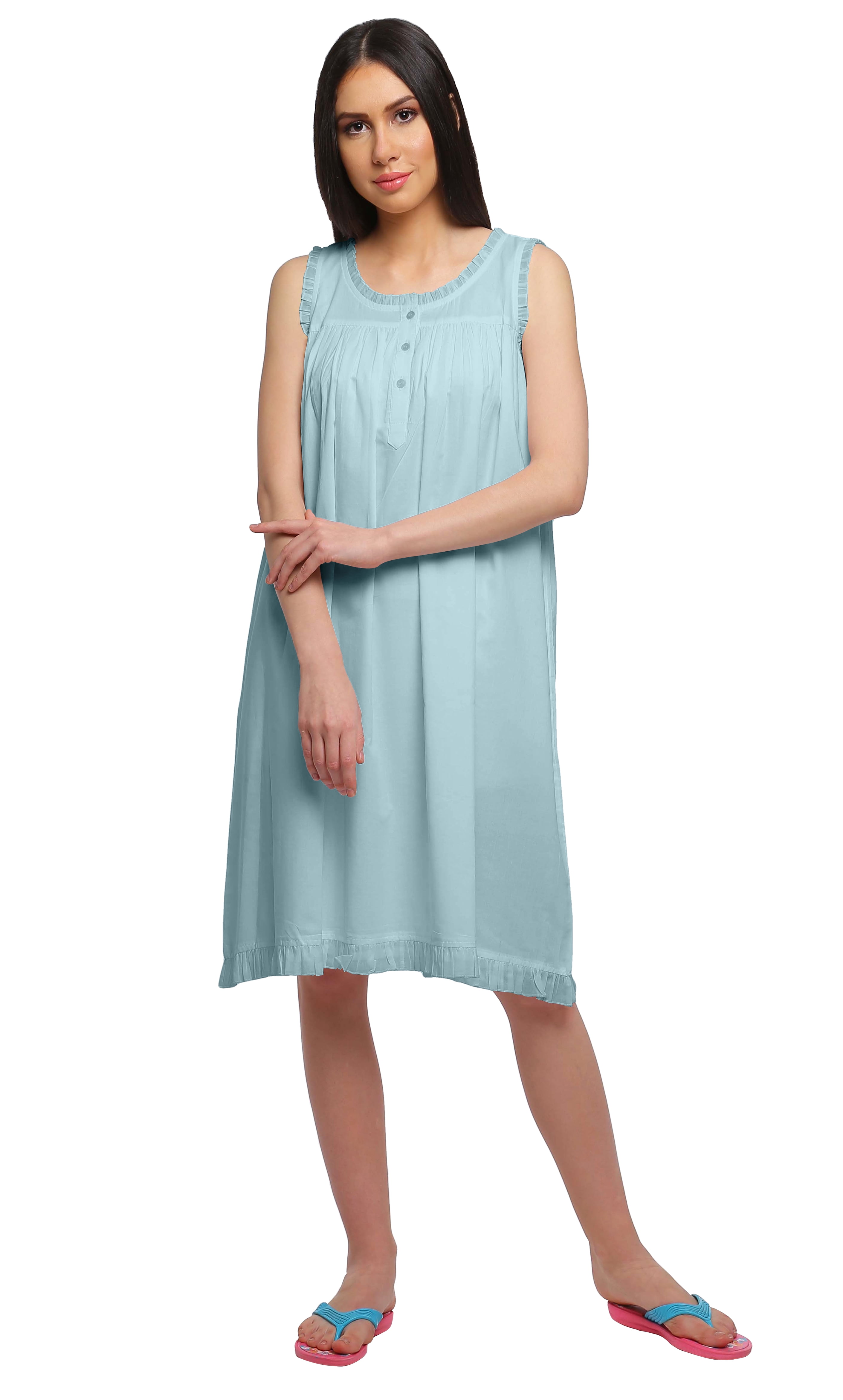 Moomaya Cotton A-Line Sleepwear For Ladies Round Neck Button Placket Nightdress