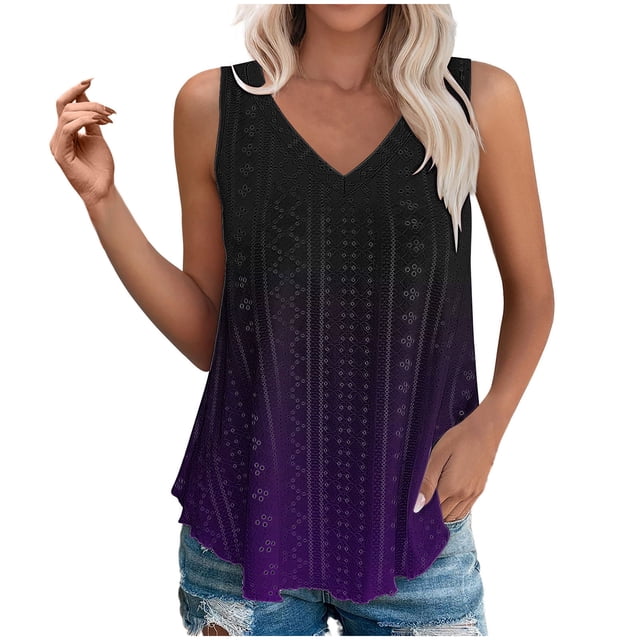 Plebaso Womens Tank Tops V Neck Gradient Lightweight Eyelet Shirts Flowy Loose Summer Sleeveless Blouses