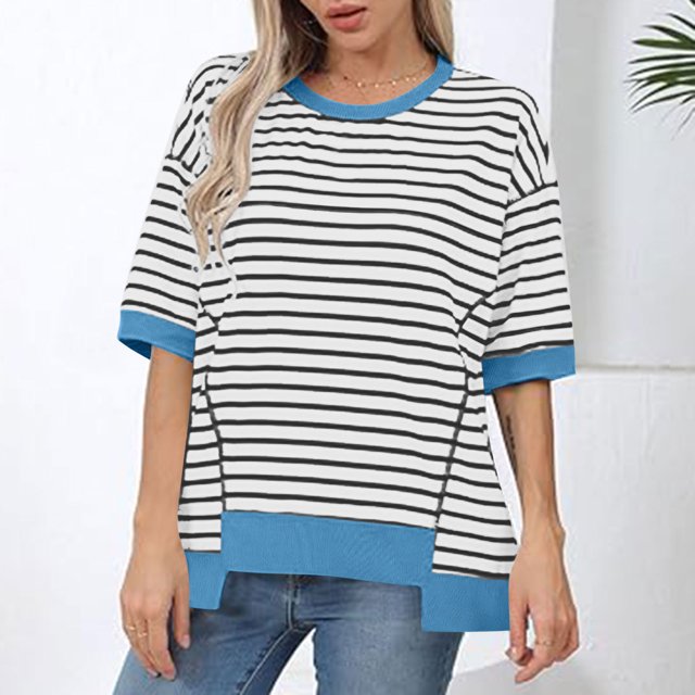 RXIRUCGD Hauts pour Femmes Décontractés à Col Rond, Manches Mi-Longues, Ourlet à Blocs de Couleur Rayé, Chandail Tendance, Épaules Tombantes, T-Shirts Blouse, Bleu, Taille : S