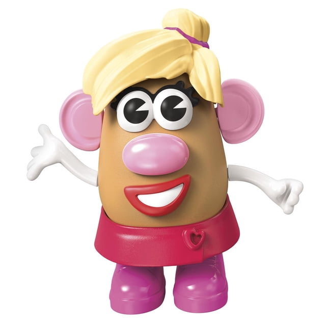 Potato Head Mrs. Potato Head Toy with a 5-inch tan potato body, blonde hair tied with a purple band, pink ears, white arms with gloved hands, a red skirt featuring a heart detail, and purple shoes, shown front-facing on a white background, suitable for creative mix-and-match play.