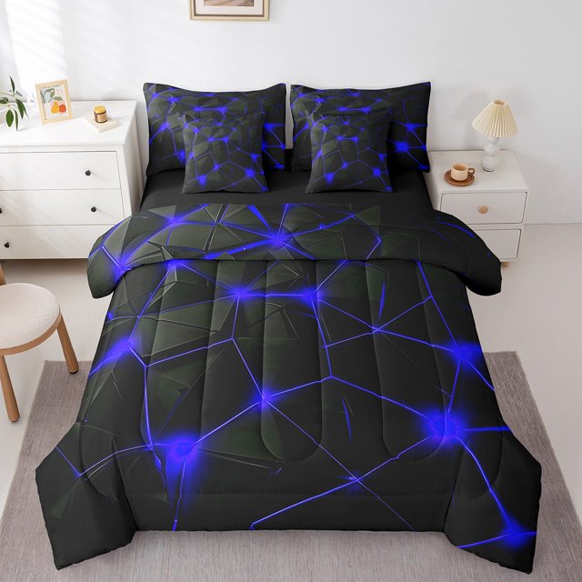Erosebridal Literie Alvéolaire Bleue Format Simple, Géométrie Néon Ensemble de Lit Format Simple, Enfants Ados, Réversible 7 Pcs