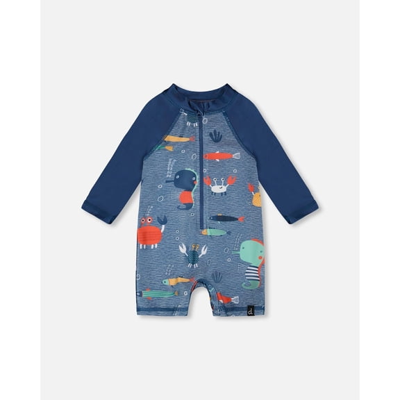 Deux Par Deux Baby And Toddler One-Piece Long Sleeve Rashguard Blue Printed Marine Animals