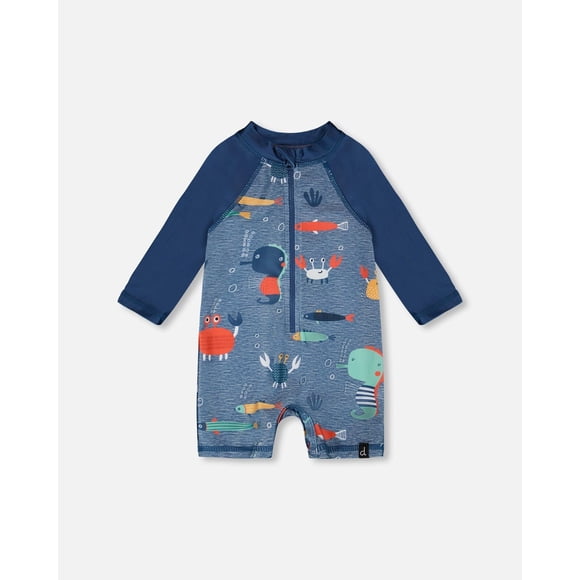 Combinaison une-Pièce à Manches Longues pour Bébé et Tout-Petit, Maillot Dermoprotecteur, Imprimé Bleu, Animaux Marins