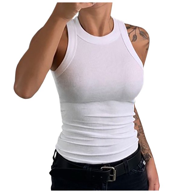 MIASHUI Camisole pour Femme Sans Manches Côtelée Chandail de Base Été Décontracté Sortie Vêtements, Blanc, G